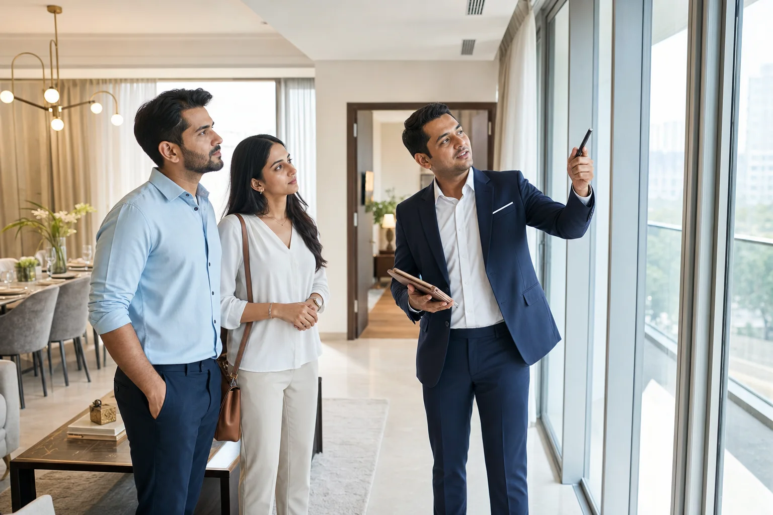 Property advisor guiding buyers through a bright apartment during a site visit
